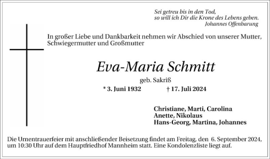 Traueranzeige von Eva-Maria Schmitt von Mannheimer Morgen