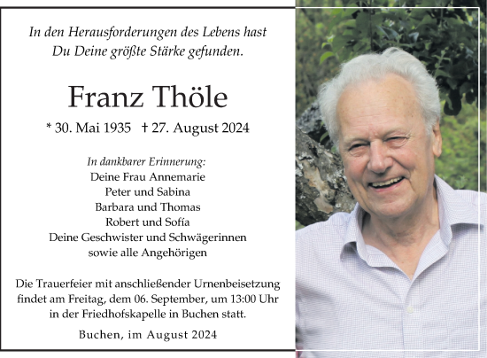 Traueranzeige von Franz Thöle von Fränkische Nachrichten