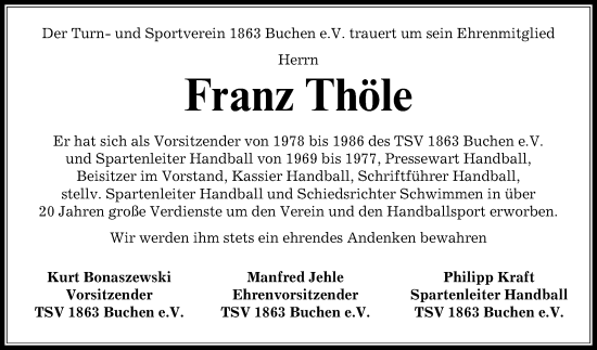 Traueranzeige von Franz Thöle von Fränkische Nachrichten