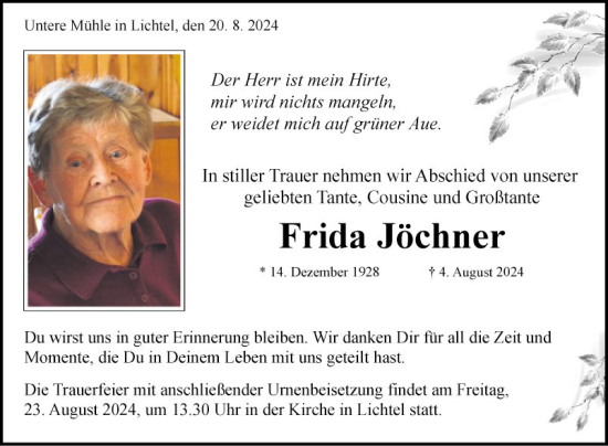 Traueranzeige von Frida Jöchner von Fränkische Nachrichten