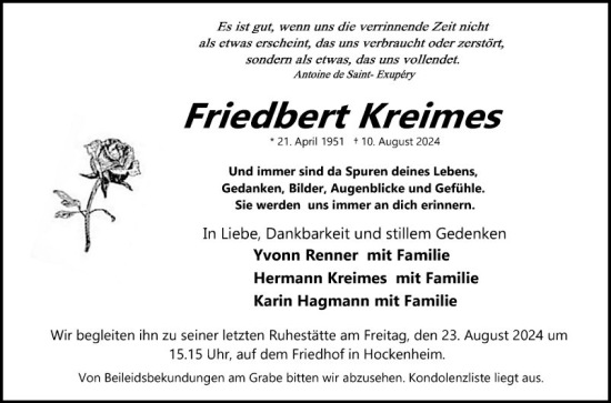 Traueranzeige von Friedbert Kreimes von Schwetzinger Zeitung