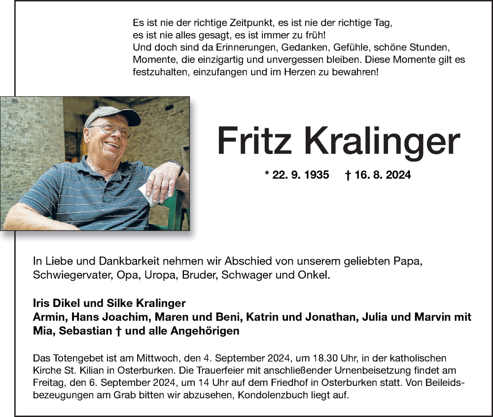  Traueranzeige für Fritz Kralinger vom 31.08.2024 aus Fränkische Nachrichten