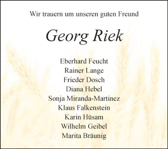 Traueranzeige von Georg Riek von Fränkische Nachrichten