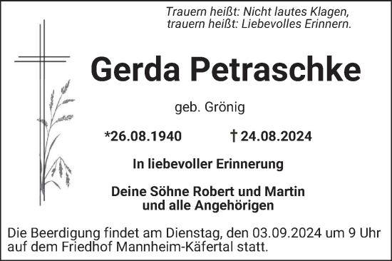 Traueranzeige von Gerda Petraschke von Mannheimer Morgen