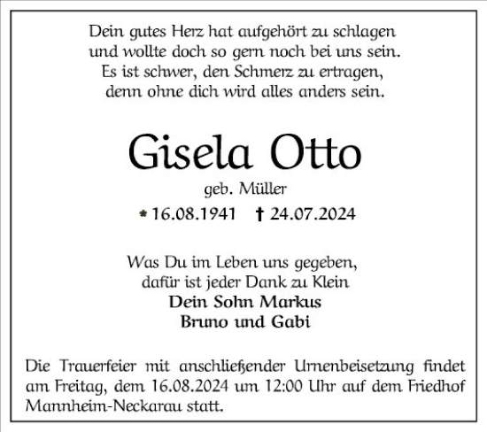 Traueranzeige von Gisela Otto von Mannheimer Morgen