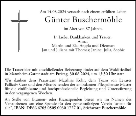 Traueranzeige von Günter Buschermöhle von Mannheimer Morgen