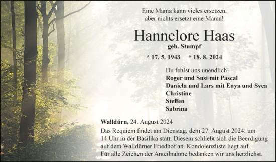 Traueranzeige von Hannelore Haas von Fränkische Nachrichten