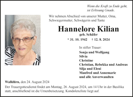 Traueranzeige von Hannelore Kilian von Fränkische Nachrichten