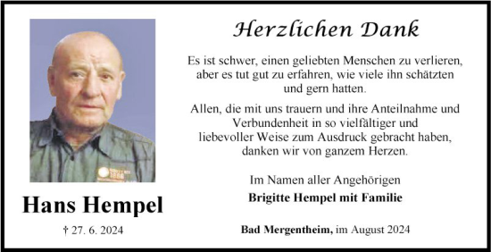 Traueranzeige von Hans Hempel von Fränkische Nachrichten