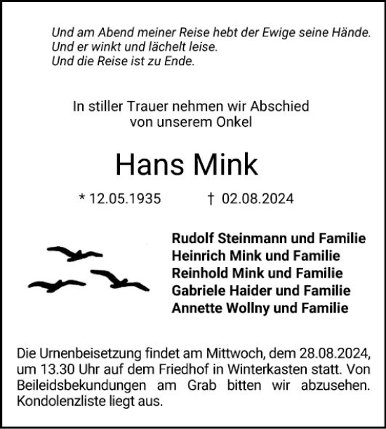 Traueranzeige von Hans Mink von Bergsträßer Anzeiger