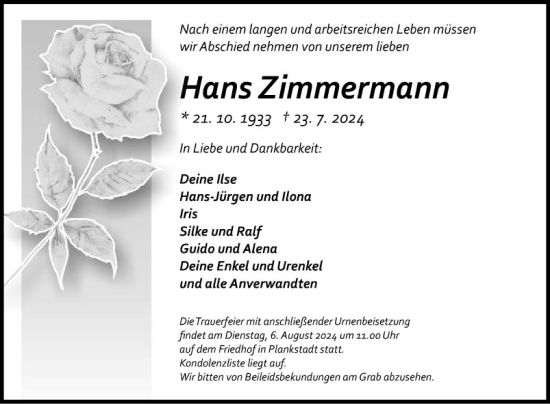 Traueranzeige von Hans Zimmermann von Schwetzinger Zeitung