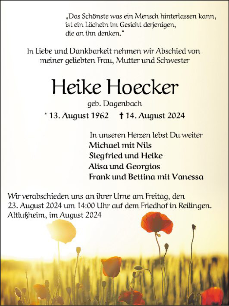  Traueranzeige für Heike Hoecker vom 17.08.2024 aus Schwetzinger Zeitung