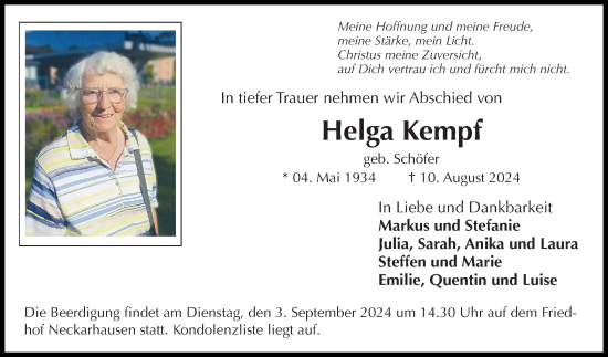 Traueranzeige von Helga Kempf von Mannheimer Morgen