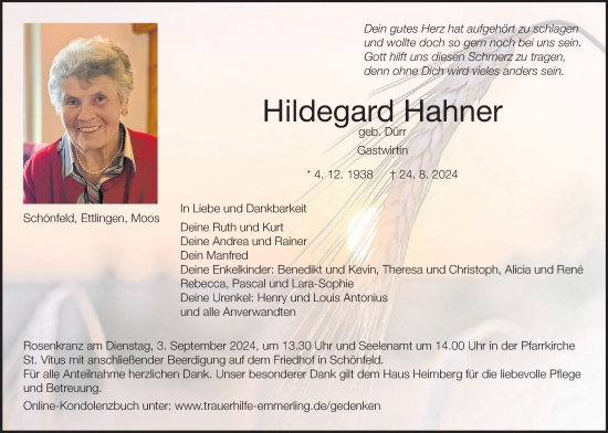 Traueranzeige von Hildegard Hahner von Fränkische Nachrichten