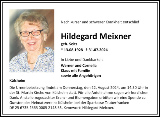 Traueranzeige von Hildegard Meixner von Fränkische Nachrichten