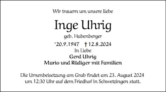 Traueranzeige von Inge Uhrig von Schwetzinger Zeitung