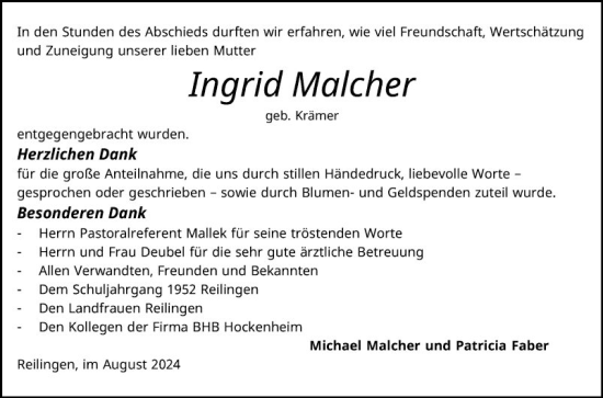 Traueranzeige von Ingrid Malcher von Schwetzinger Zeitung