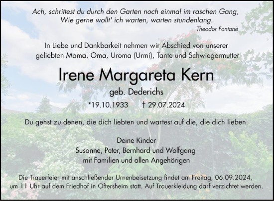 Traueranzeige von Irene Margareta Kern von Schwetzinger Zeitung