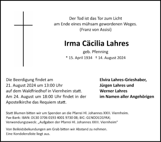 Traueranzeige von Irma Cäcilia Lahres von Mannheimer Morgen