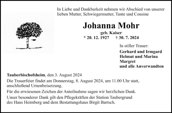 Traueranzeige von Johanna Mohr von Fränkische Nachrichten