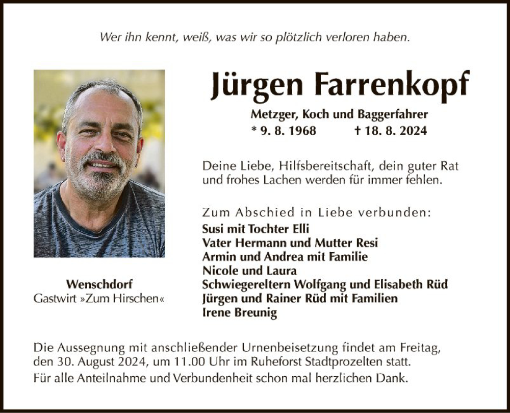  Traueranzeige für Jürgen Farrenkopf vom 26.08.2024 aus Fränkische Nachrichten