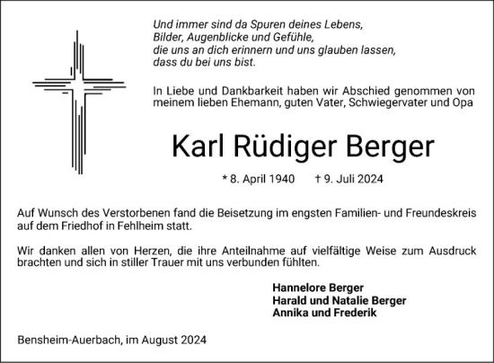 Traueranzeige von Karl Rüdiger Berger von Bergsträßer Anzeiger