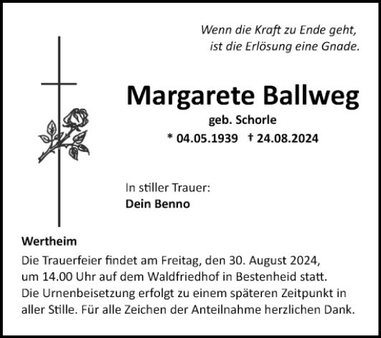 Traueranzeige von Margarete Ballweg von Fränkische Nachrichten