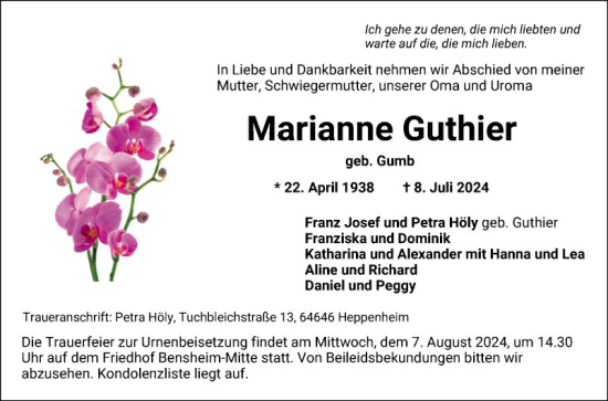 Traueranzeige von Marianne Guthier von Bergsträßer Anzeiger