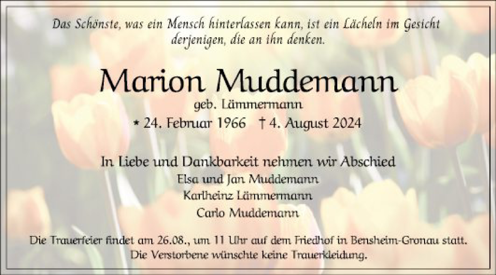  Traueranzeige für Marion Muddemann vom 17.08.2024 aus Bergsträßer Anzeiger