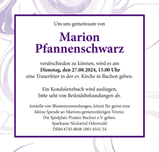 Traueranzeige von Marion Pfannenschwarz von Fränkische Nachrichten