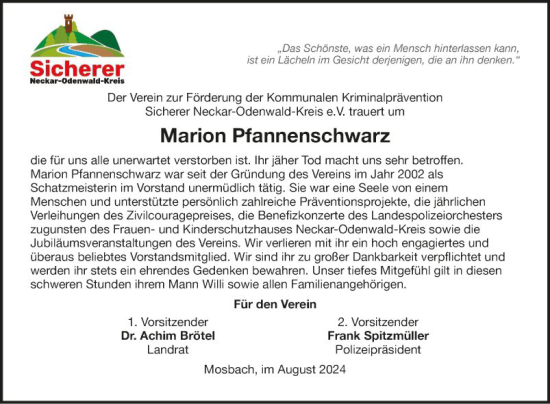 Traueranzeige von Marion Pfannenschwarz von Fränkische Nachrichten