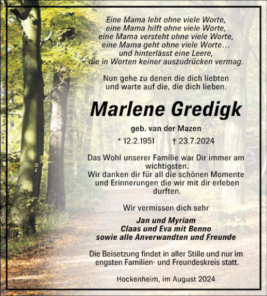 Traueranzeige von Marlene Gredigk von Schwetzinger Zeitung