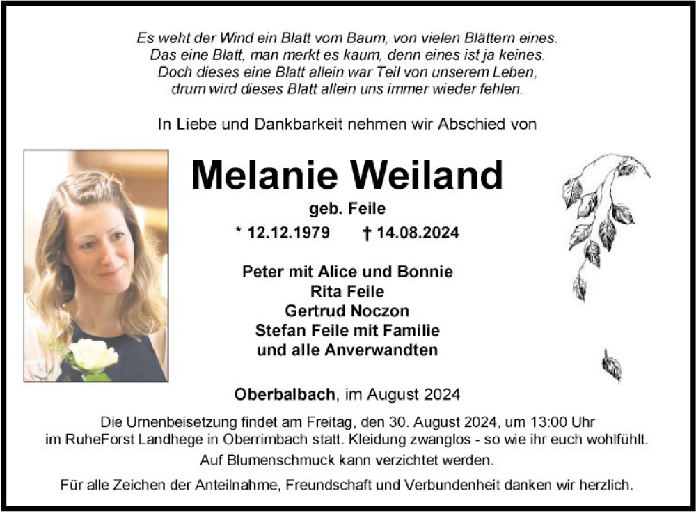  Traueranzeige für Melanie Weiland vom 24.08.2024 aus Fränkische Nachrichten