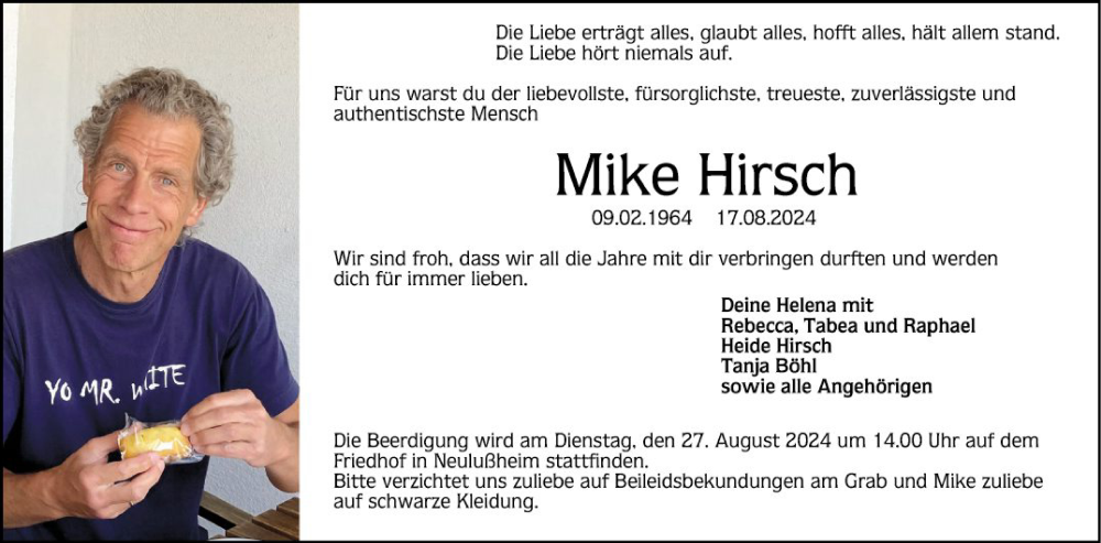  Traueranzeige für Mike Hirsch vom 24.08.2024 aus Schwetzinger Zeitung