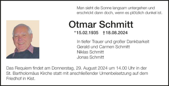 Traueranzeige von Otmar Schmitt von Fränkische Nachrichten