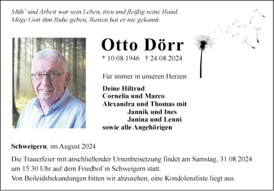 Traueranzeige von Otto Dörr von Fränkische Nachrichten