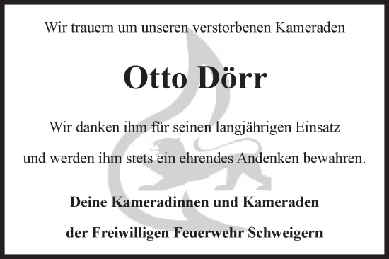 Traueranzeige von Otto Dörr von Fränkische Nachrichten