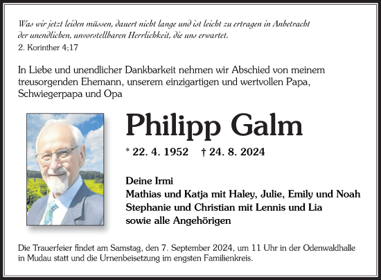 Traueranzeige von Philipp Galm von Fränkische Nachrichten