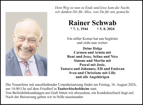 Traueranzeige von Rainer Schwab von Fränkische Nachrichten