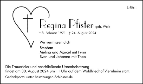 Traueranzeige von Regina Pfister von Mannheimer Morgen