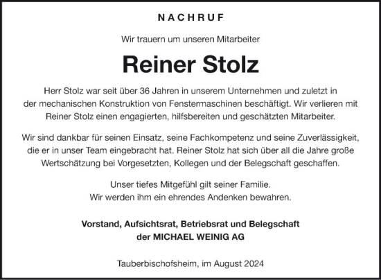 Traueranzeige von Reiner Stolz von Fränkische Nachrichten