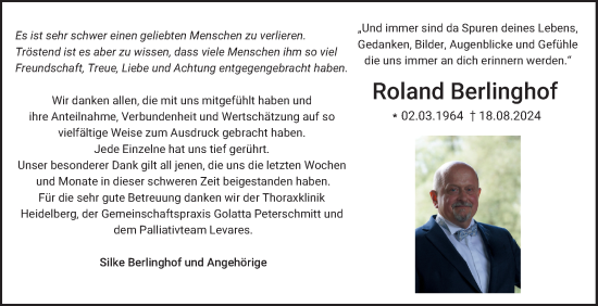 Traueranzeige von Roland Berlinghof von Schwetzinger Zeitung