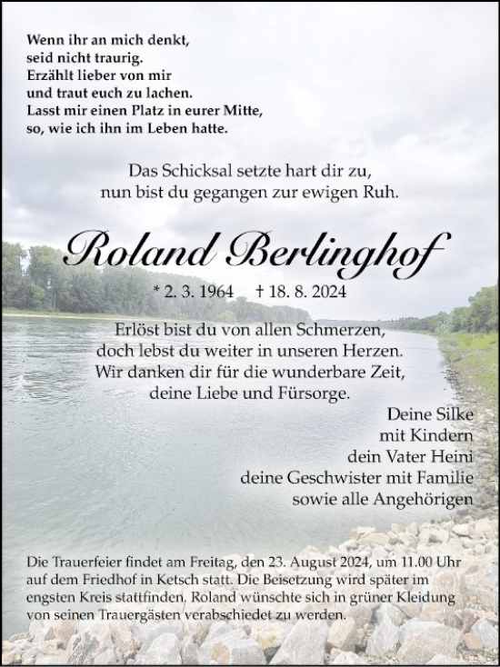 Traueranzeige von Roland Berlinghof von Schwetzinger Zeitung