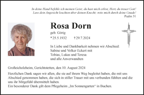 Traueranzeige von Rosa Dorn von Fränkische Nachrichten