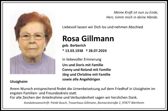 Traueranzeige von Rosa Gillmann von Fränkische Nachrichten