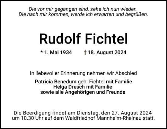 Traueranzeige von Rudolf Fichtel von Mannheimer Morgen