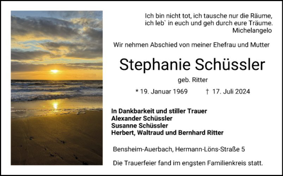 Traueranzeige von Stephanie Schüssler von Bergsträßer Anzeiger