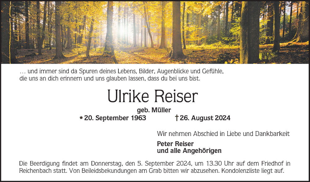  Traueranzeige für Ulrike Reiser vom 31.08.2024 aus Bergsträßer Anzeiger