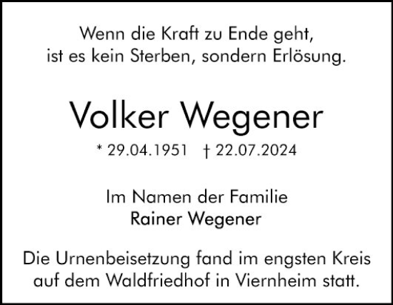 Traueranzeige von Volker Wegener von Mannheimer Morgen