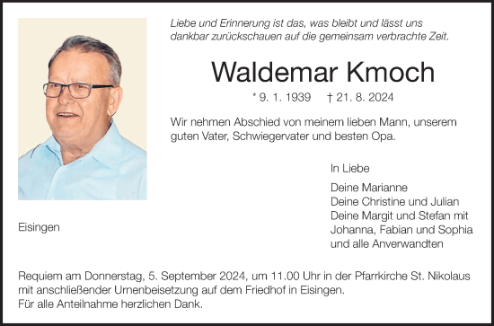 Traueranzeige von Waldemar Kmoch von Fränkische Nachrichten